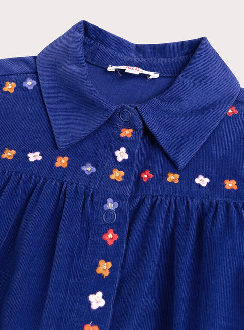 Lined Embroidered Blue Corduroy Dress