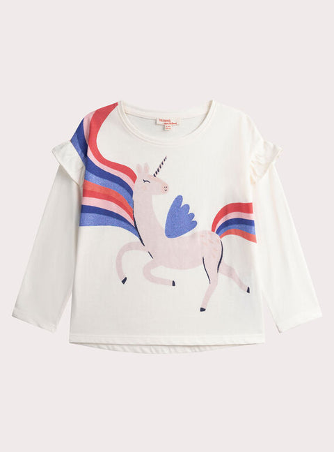 Cream Unicorn Print Cotton T-shirt