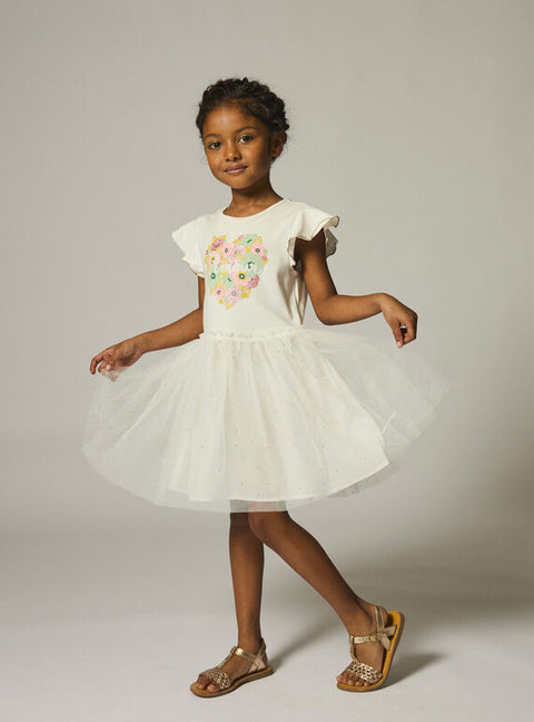 Cream Jersey Dress With Tulle Skirt