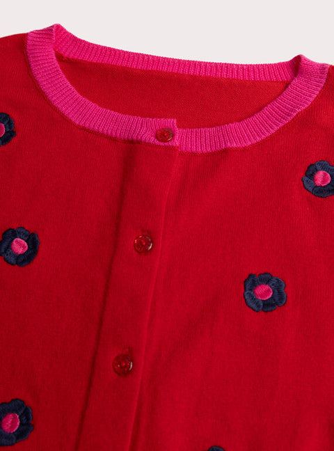 Floral Embroidered Red Cotton Rich Cardigan