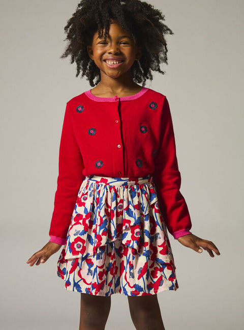 Lined Red & Blue Floral Print Cotton Skirt