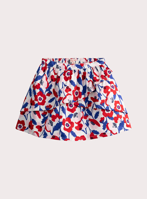 Lined Red & Blue Floral Print Cotton Skirt