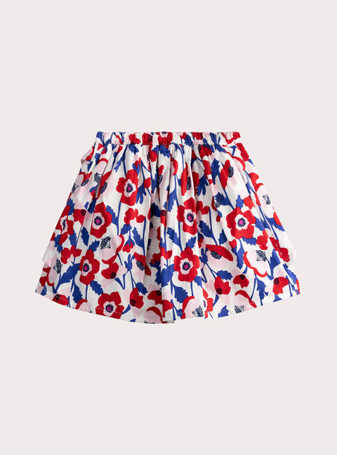 Lined Red & Blue Floral Print Cotton Skirt