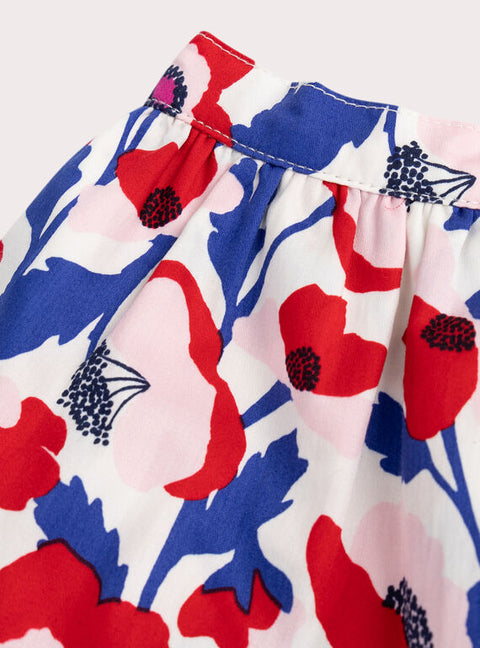 Lined Red & Blue Floral Print Cotton Skirt