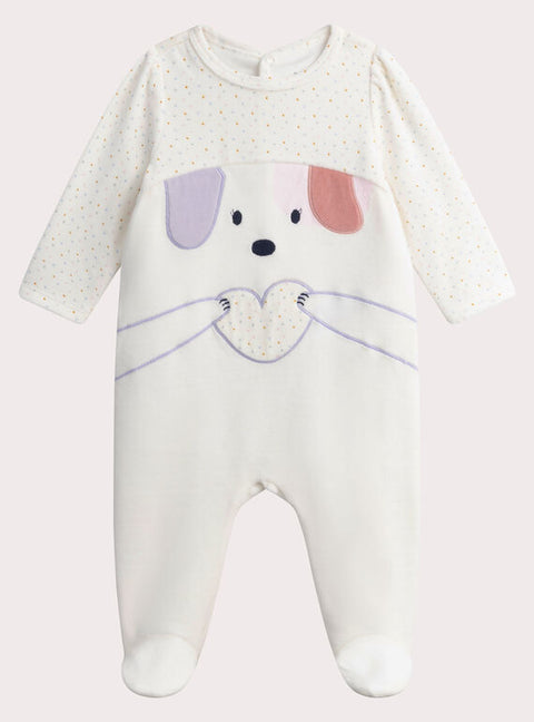 Cream Dog Applique Velour Sleepsuit