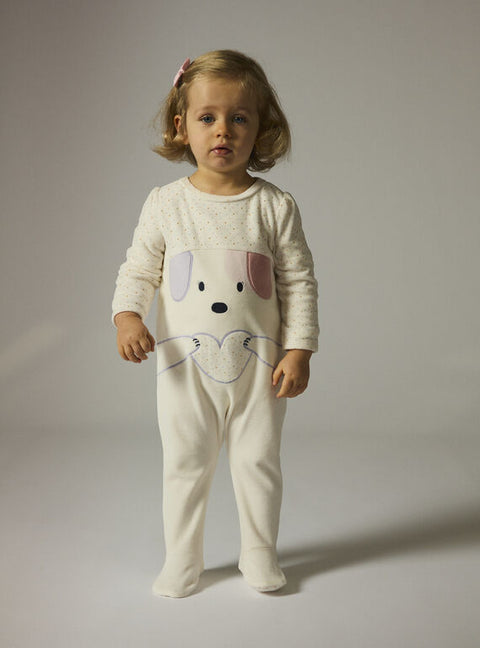 Cream Dog Applique Velour Sleepsuit