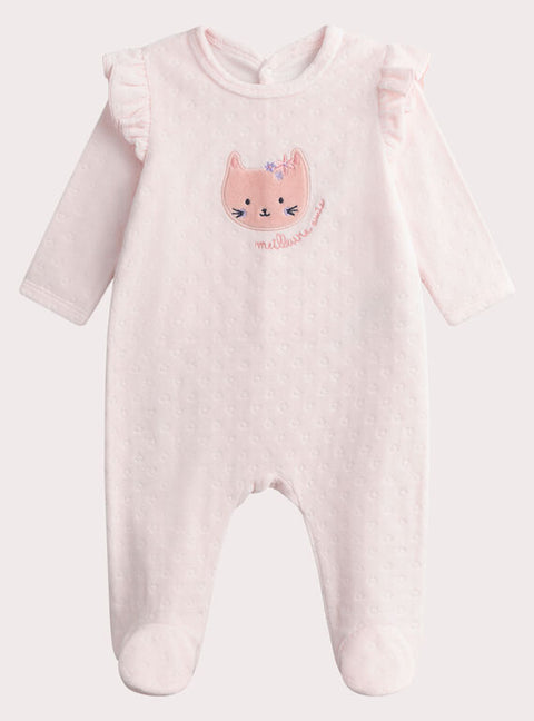 Pink Cat Applique Velour Sleepsuit