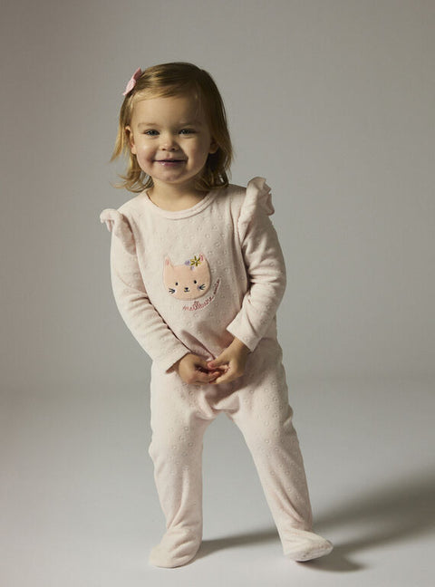 Pink Cat Applique Velour Sleepsuit