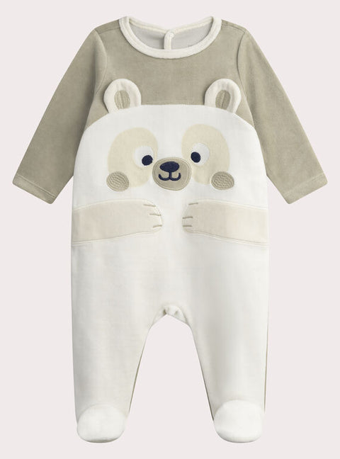 Beige Bear Applique Velour Sleepsuit