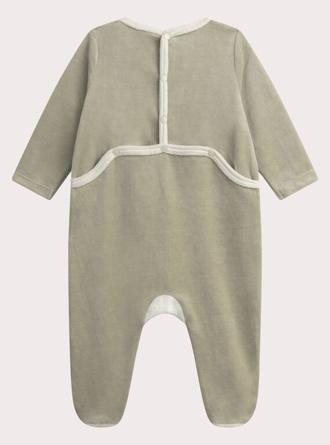 Beige Bear Applique Velour Sleepsuit