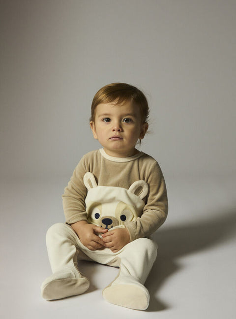 Beige Bear Applique Velour Sleepsuit