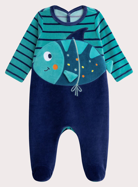 Blue Fish Applique Velour Sleepsuit