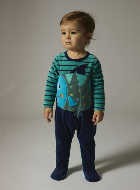 Blue Fish Applique Velour Sleepsuit