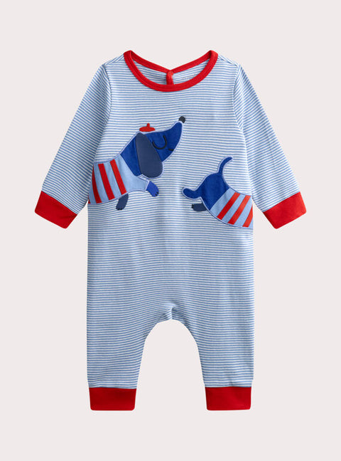 Blue Stripe Dog Applique Cotton Sleepsuit