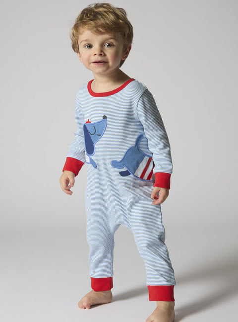 Blue Stripe Dog Applique Cotton Sleepsuit