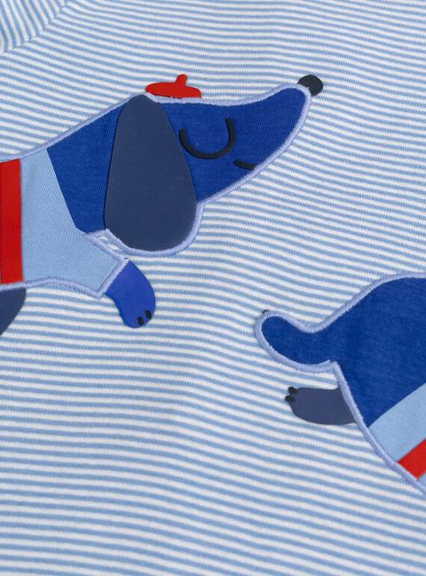 Blue Stripe Dog Applique Cotton Sleepsuit