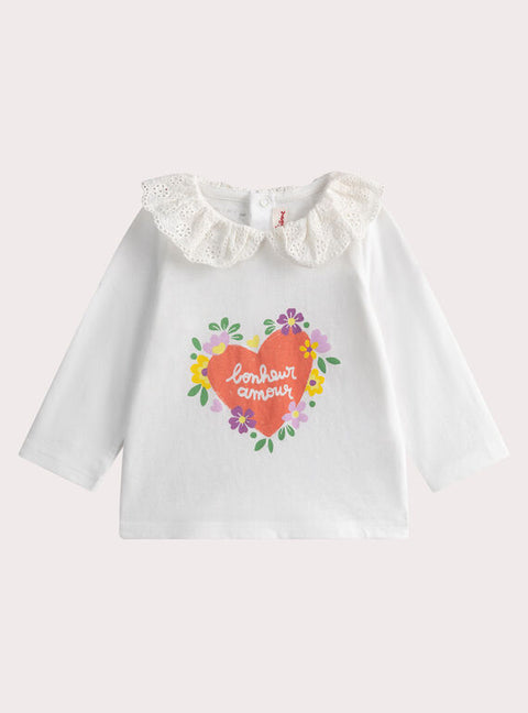 White Heart Animation Cotton T-shirt With Fancy Collar