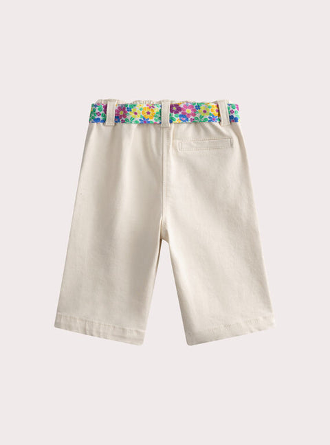 Cream Cotton Trousers With Floral Print Belt