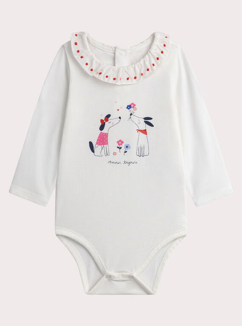 White Cotton Bodysuit With Embroidered Collar