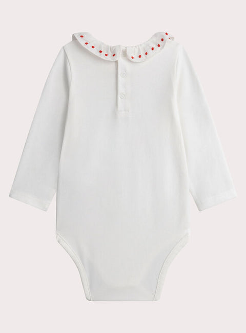 White Cotton Bodysuit With Embroidered Collar