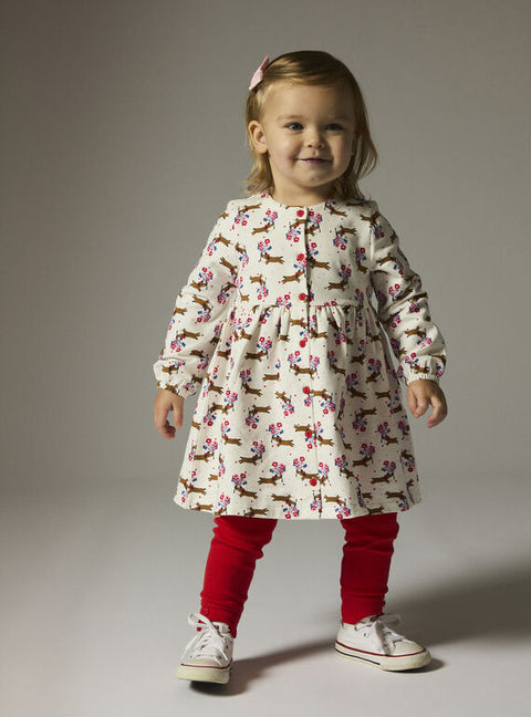 White Dog Print Cotton Dress With Matching Leggings