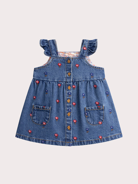 Lined Denim Dress With Floral Embroidery