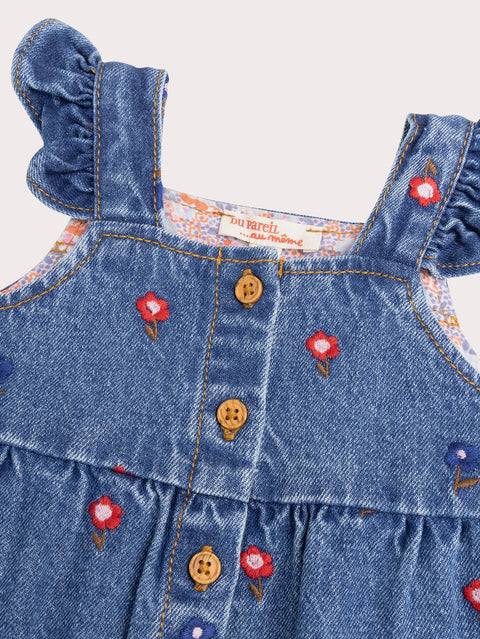 Lined Denim Dress With Floral Embroidery