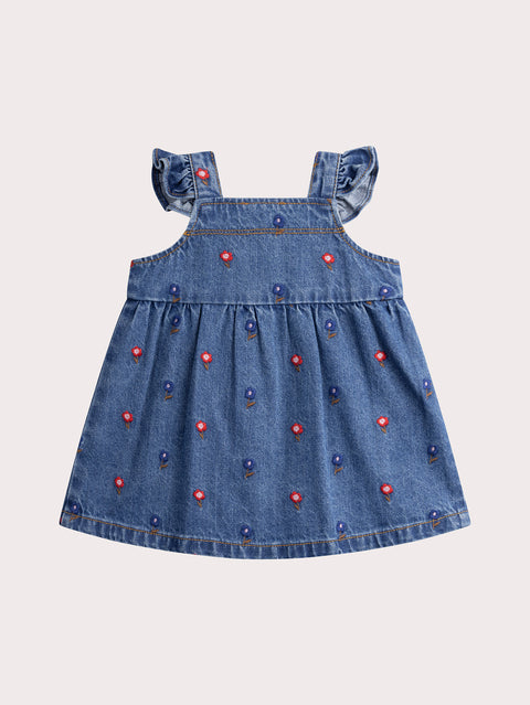 Lined Denim Dress With Floral Embroidery