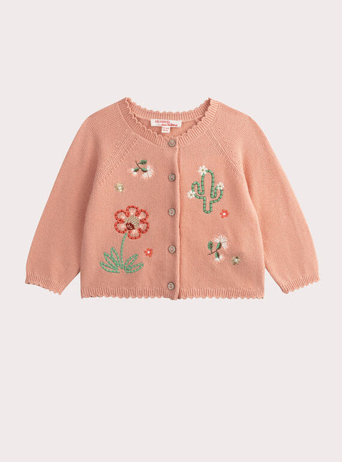 Embroidered Pink Cotton Cardigan