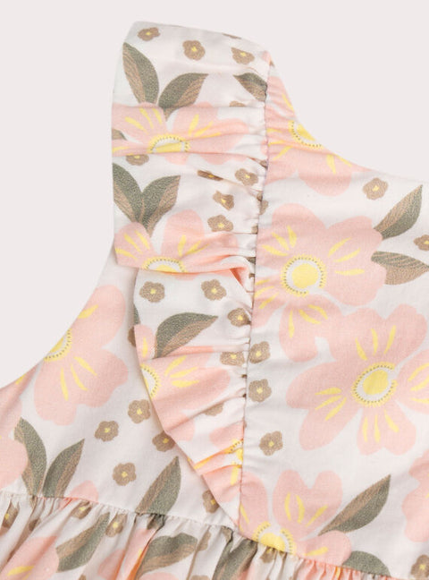 Pink Floral Print Satin Cotton Dress With Bloomers
