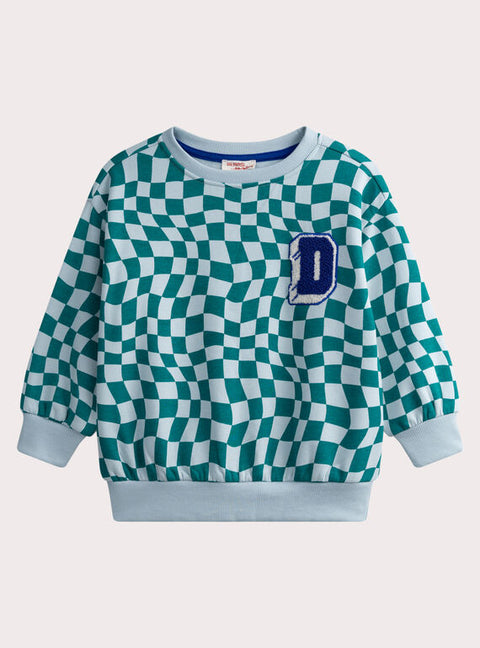 Blue Checked Cotton Fleece Sweatshirt