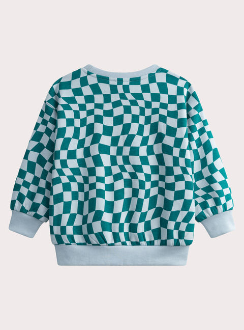 Blue Checked Cotton Fleece Sweatshirt