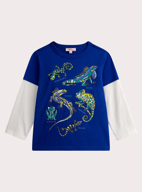 Blue Reptile Print Cotton Double Sleeve T-shirt