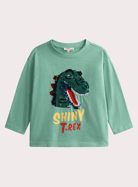 Green Sequined Dinosaur Animation Cotton T-shirt