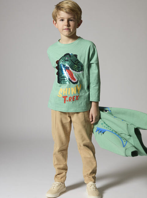 Green Sequined Dinosaur Animation Cotton T-shirt