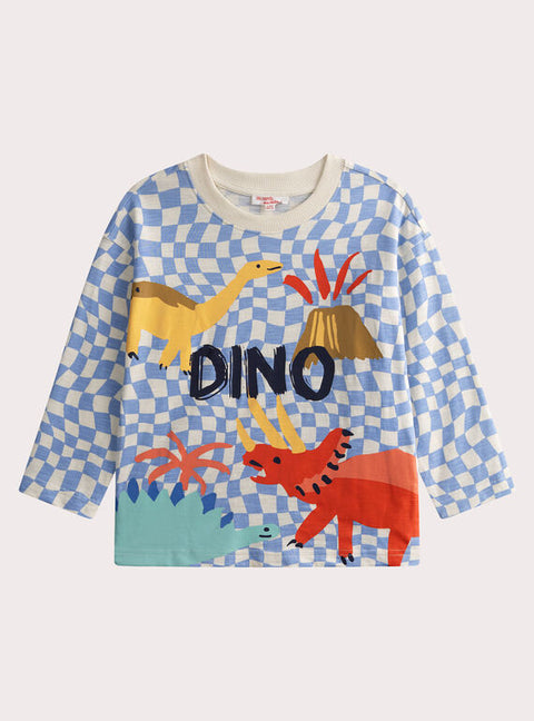 Checked Dinosaur Print Cotton T-shirt