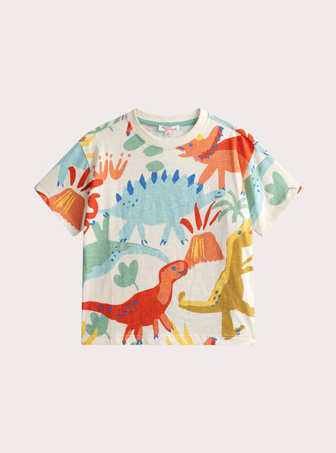 Cream Dinosaur Print Short Sleeve Cotton T-shirt