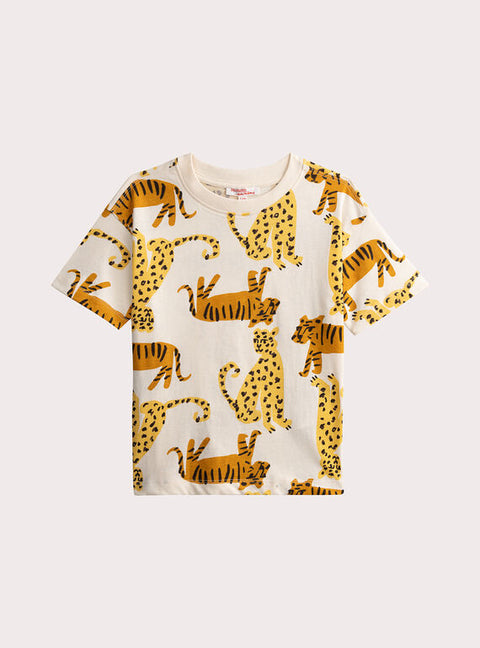 Cream Tiger & Leopard Print Cotton T-shirt