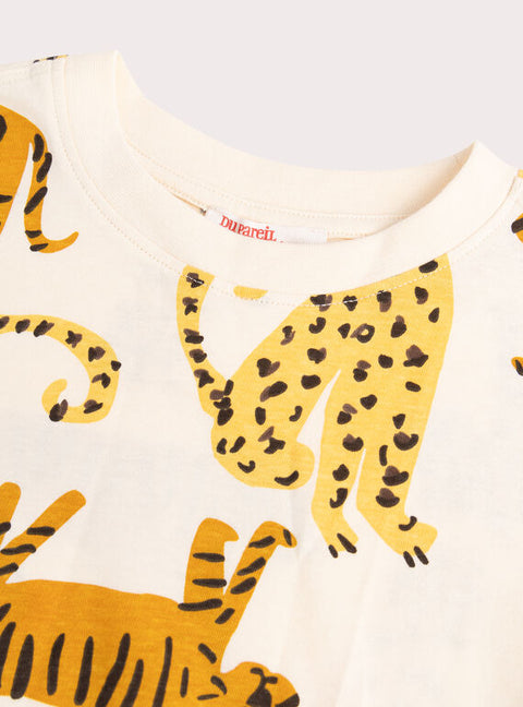 Cream Tiger & Leopard Print Cotton T-shirt