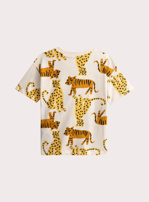 Cream Tiger & Leopard Print Cotton T-shirt