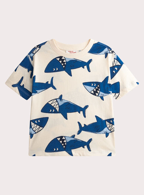 White Shark Print Cotton T-shirt