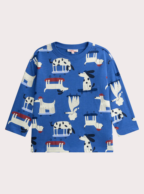 Blue Dog Print Cotton T-shirt