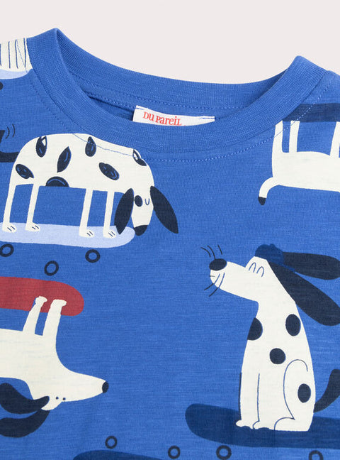 Blue Dog Print Cotton T-shirt