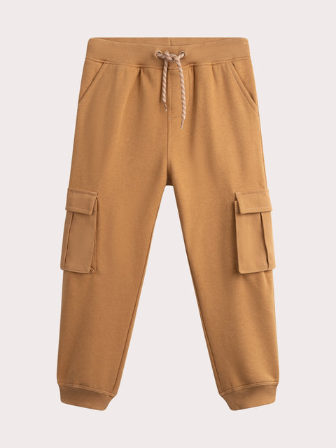 Brown Cotton Fleece Cargo Joggers