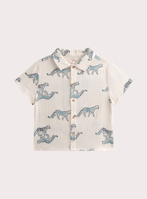 Off White Leopard Animation Short Sleeve Cotton Shirt