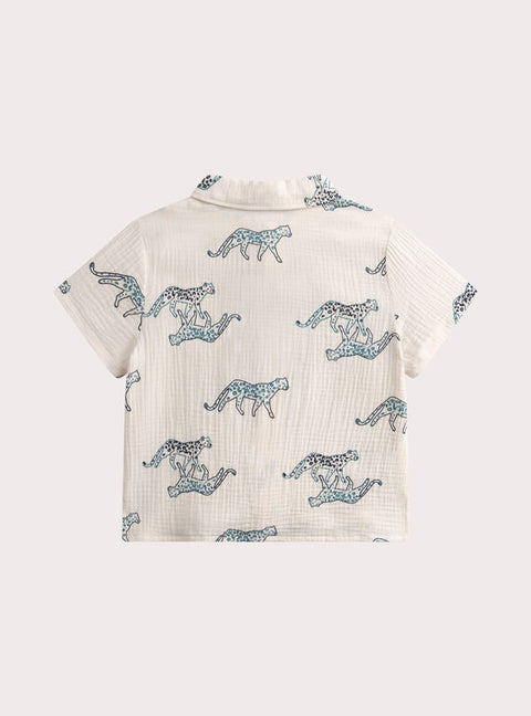 Off White Leopard Animation Short Sleeve Cotton Shirt