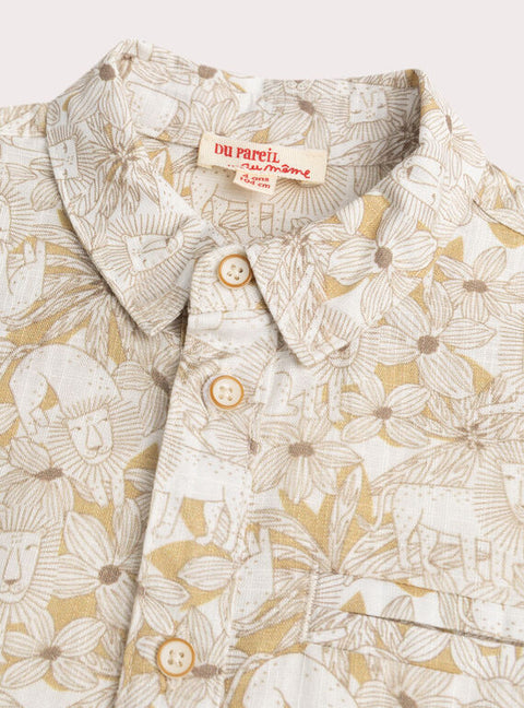 Cream Lion Print Cotton & Linen Mix Shirt