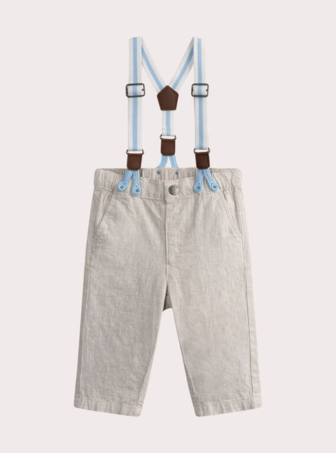 Beige Stripe Cotton & Linen Mix Trousers With Removable Braces