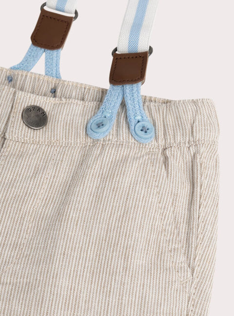 Beige Stripe Cotton & Linen Mix Trousers With Removable Braces