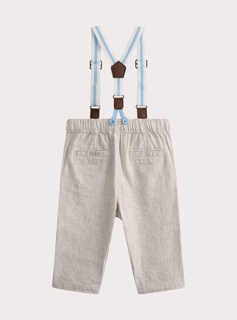 Beige Stripe Cotton & Linen Mix Trousers With Removable Braces